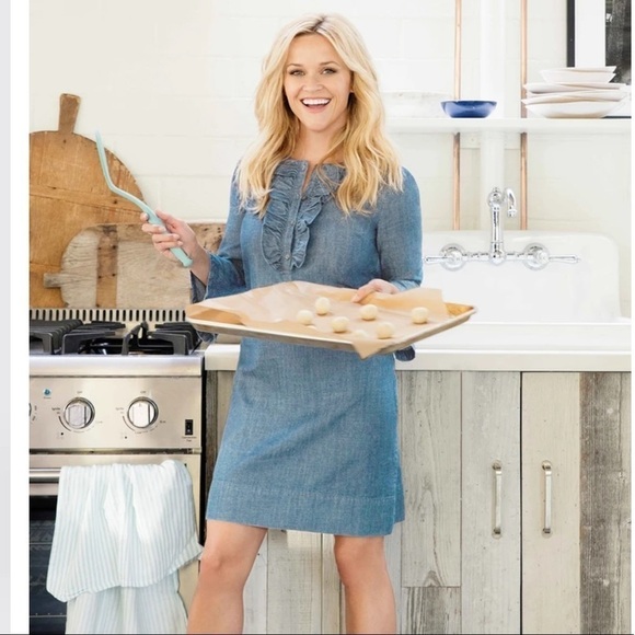 DRAPER JAMES Ruffle Front Chambray Shift Dress, 8 - Picture 1 of 11